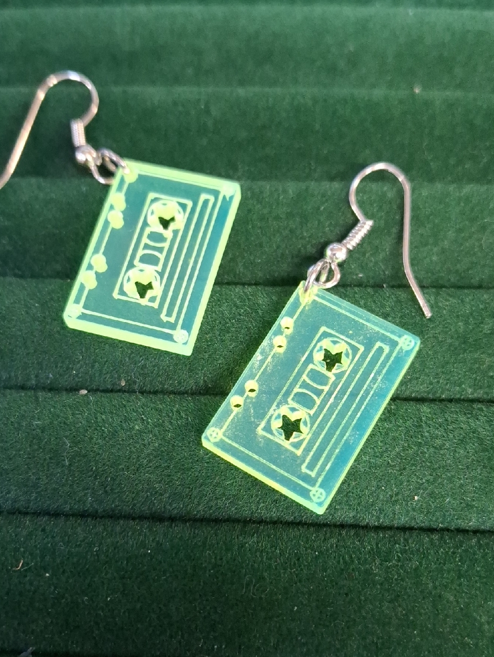 Neon Green Retro Cassette Acrylic Earrings 1" New